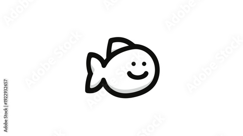 Simple black and white cartoon fish icon with a happy smile. Cute hand-drawn aquatic animal doodle illustration on a clean white background.