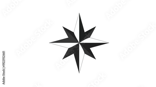 Geometric eight-pointed star design, abstract black and white compass rose symbol for navigation, travel, guidance, or direction icon