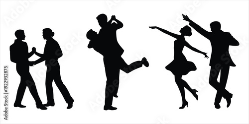 Silhouettes of couples dancing and performing ballet poses on white background Keywords: couple, dancing, dance, ballet