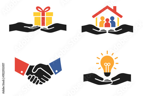 Flat charity and support icon set: hands holding gift box, family home, handshake partnership, and lightbulb idea. Vector symbols for donation, insurance, community, business, branding.