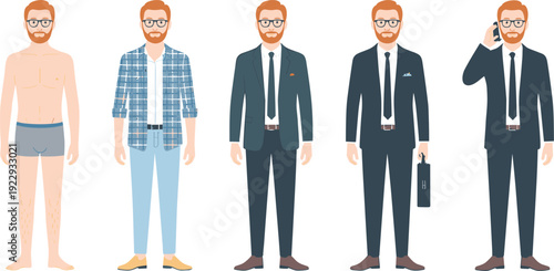 Male character transformation sequence from underwear to casual clothes and formal business suit, red haired man with glasses flat vector illustration set