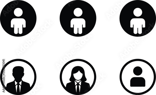 Six black and white silhouette icons of people in circles representing user profiles Keywords: people, user, profile, icon