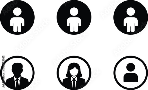 Six black and white silhouette icons of people in circles representing user profiles Keywords: people, user, profile, icon