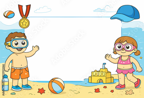 Happy beach kids in swimwear with goggles, sandcastle, balls and seashells by the sea, leaving a wide blank copy space for text. Perfect for summer vacation posters and banners.