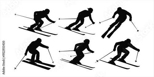 Six Silhouette Skiers in Motion on White Background vector