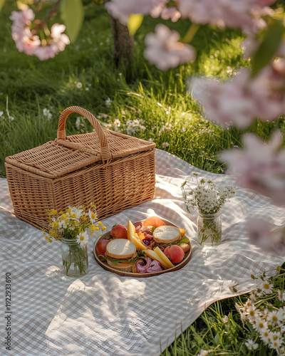 Summer picnic basket filled with delicious food and drinks set on a checkered blanket in a beautiful garden