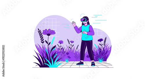 Woman in VR headset exploring digital garden, futuristic technology concept