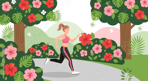 Woman jogging in a tropical garden with hibiscus flowers and lush greenery