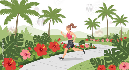 Woman Jogging in Tropical Park with Palm Trees and Hibiscus Flowers
