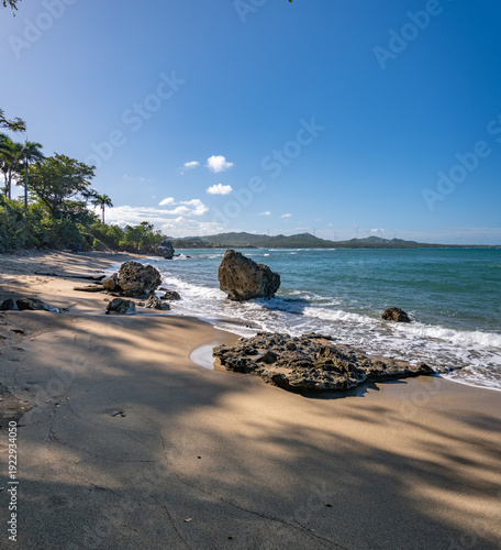 An exotic beach in the Dominican Republic. Sunny weather, blue skies, and azure ocean.