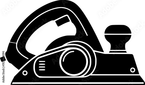 Black silhouette of a traditional wood planer tool, minimalist carpenter's hand plane icon for woodworking and joinery vector illustration.
