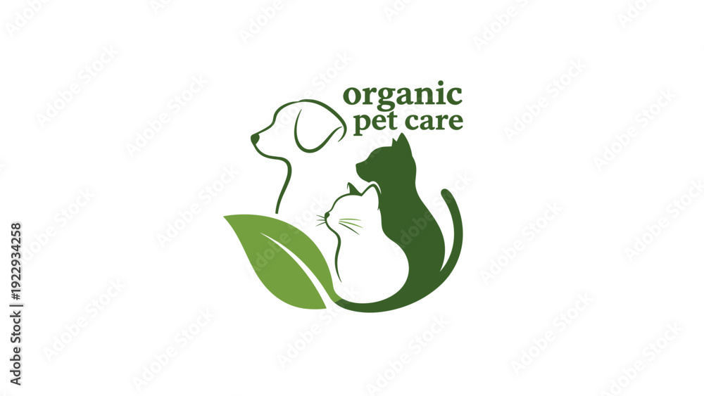 Fototapeta premium Organic Pet Care Logo with Dog Cat and Leaf