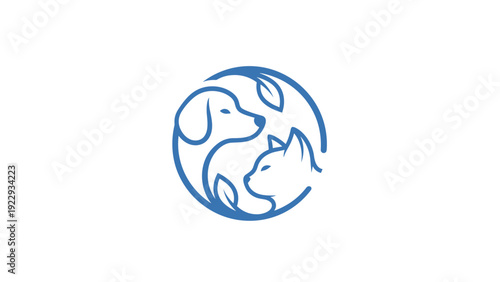 Pet Care Logo Dog and Cat Silhouette with Leaves