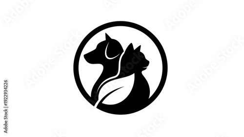 Modern Pet Care Logo Dog Cat and Leaf Silhouette