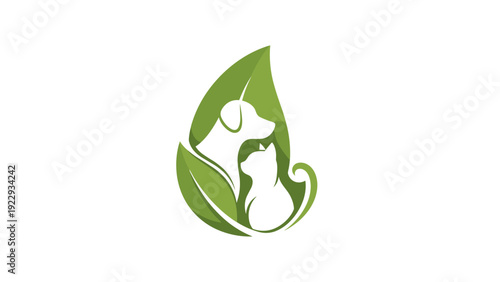 Pet Care Logo Dog and Cat Silhouette Inside Green Leaf