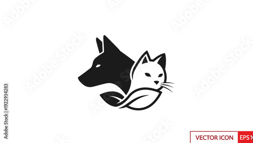 Dog and Cat Silhouette Logo with Leaf Element