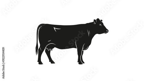 Black Cow Silhouette Side View on White Background