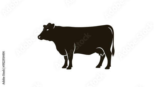 Black Cow Silhouette Side View on White Background