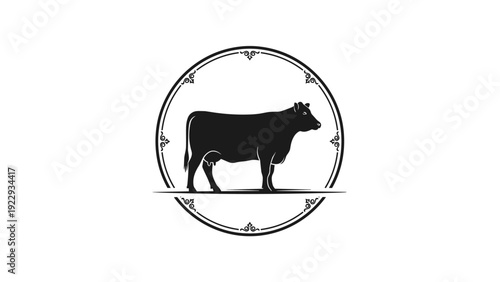 Black Cow Silhouette in Ornate Circular Frame Logo Emblem