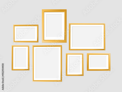 Set of gold modern frame isolated on white background. 3d Photo Frame for Kid, galleries, artwork, photography vector illustration mockup.