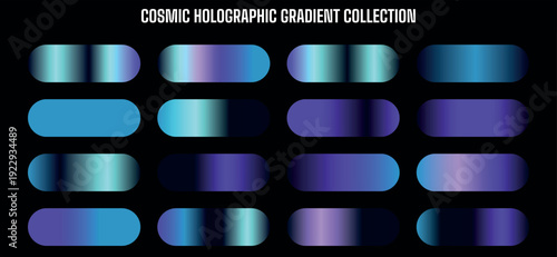 Vector cosmic holographic gradient collection with blue, purple, and teal color transitions on black background