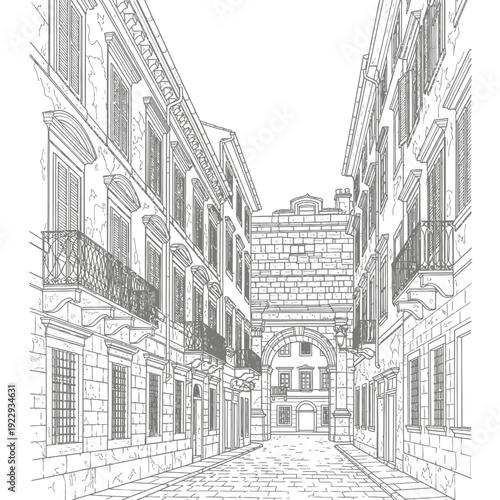 Sketch of a narrow cobblestone street with old stone buildings and ornate balconies.