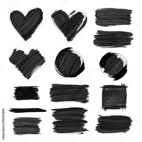 Set of black brush stroke elements including hearts and shapes.