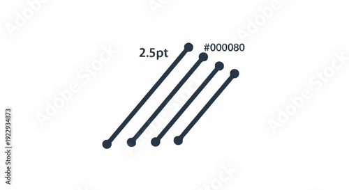 A clean graphic representation of four diagonal lines with differing thickness and a hex code, symbolizing design, measurement, and digital color
