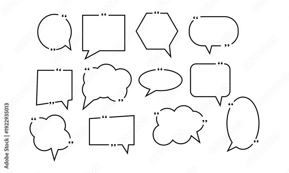 Fototapeta premium Quote box frame icon set editable symbol collection. Set of quotation mark frames outline vector illustration website graphic design. Speech bubble black chat sign symbol vector icons design.