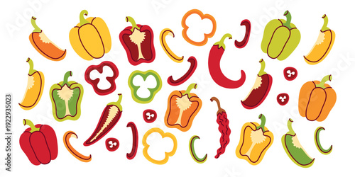 Large set of multicolored bell peppers and chili peppers. Includes whole, halved, sliced, and rotten versions. Great for culinary designs, grocery marketing, and healthy lifestyle concepts.