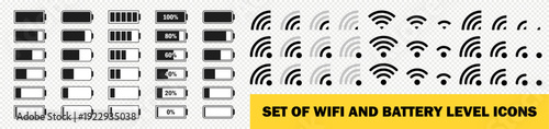 Set of status mobile bar icon. Wifi signal level. Battery charge sign, mobile network and wireless antenna status internet indicator. Vector illustration.