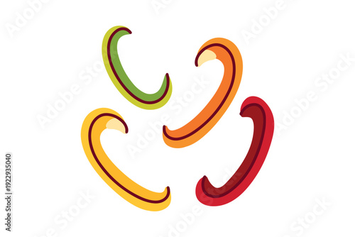 A set of fresh bell pepper rings in four vibrant colors: red, green, yellow, and orange. Perfect for decorating food menus, pizza illustrations, and healthy eating blogs.