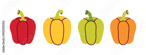 Four fresh whole bell peppers lined up in a row, featuring red, green, yellow, and orange colors. High-quality vegetable elements for grocery stores and health apps.