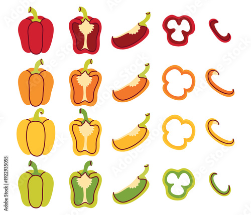 A comprehensive set of bell peppers in various colors and states: whole, halved, quartered, and sliced into rings or pieces. Perfect for complex food infographics and menus