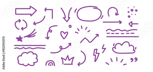 Purple hand drawn elements arrows circles cloud star lightning and shapes on white background