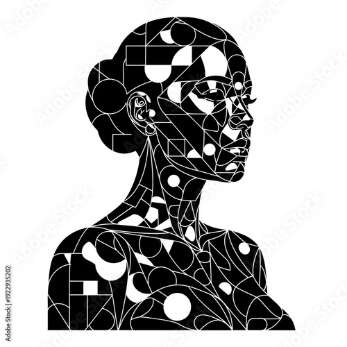 Abstract woman's upper body with intricate geometric patterns filling her form, symbolic and modern design, isolated white background.