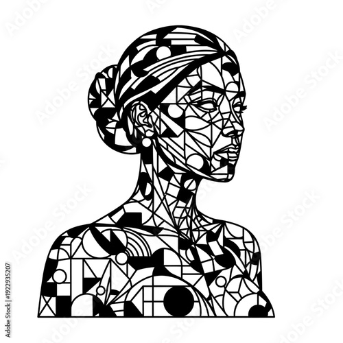 Intricate geometric patterns forming a woman's upper body in profile on isolated white background, showcasing abstract and modern design