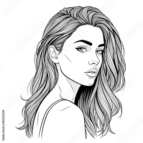 Beautiful young woman with long wavy hair gazing directly in a charming line art illustration on isolated white background, radiating calmness