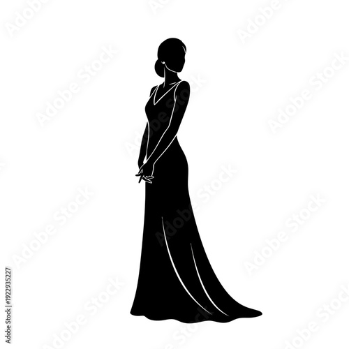 Elegant Woman in Long Formal Gown, Gracefully Standing with Hands Clasped, Isolated White Background