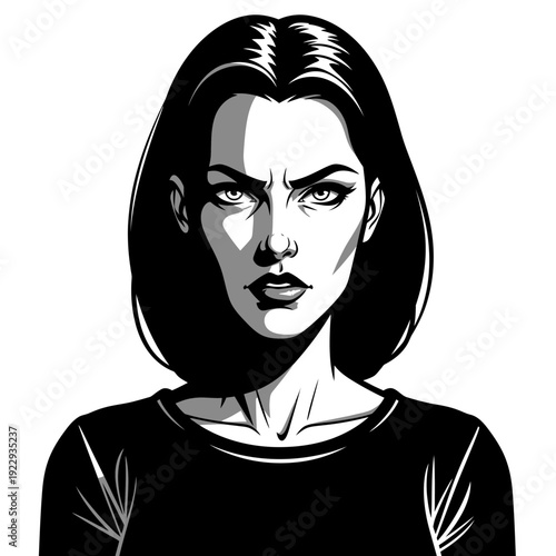 Fierce and angry young woman with intense gaze and short hair in a dramatic pop art style on isolated white background, showing strong emotion