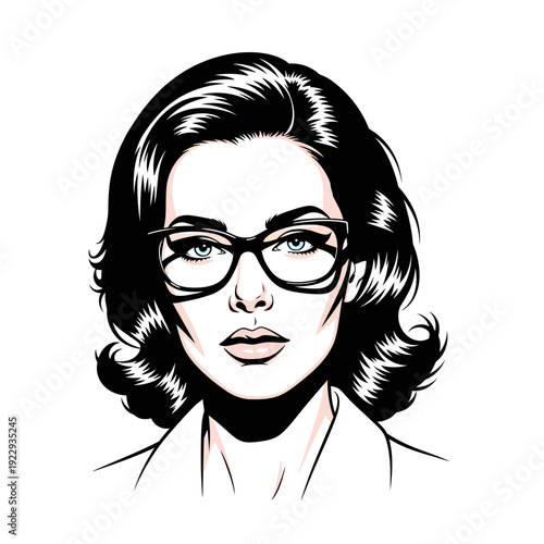 Confident young woman with glasses looking at camera in a vintage pop art style on isolated white background, exuding intelligence and professionalism