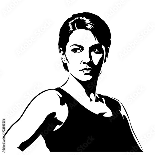 Strong and confident woman posing in a serious close-up portrait, direct gaze, isolated white background.