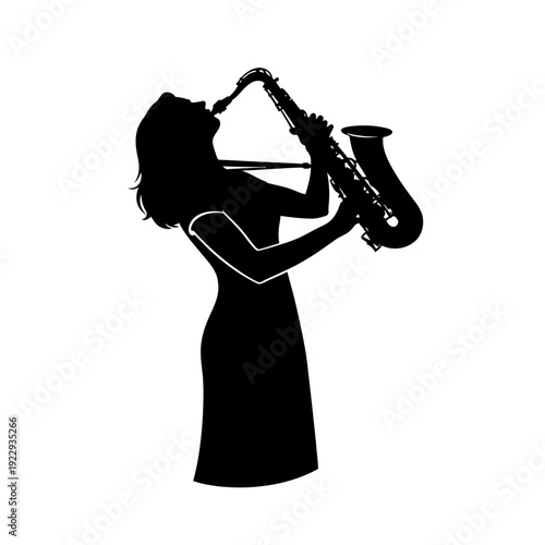 Artistic Silhouette of a Woman Playing the Saxophone with Passion, Isolated White Background.