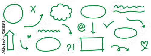 Green hand drawn doodle elements including shapes arrows and symbols on white background