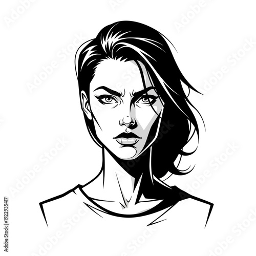 Intense and determined young woman headshot with short dark hair looking directly, isolated white background.