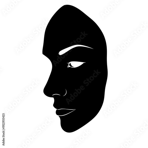 Mysterious abstract face mask silhouette with outlined eyes, conveying anonymity on an isolated white background.