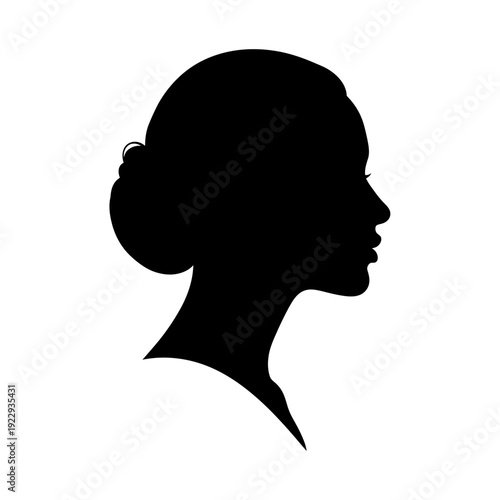 Serene woman's profile headshot in silhouette, looking forward calmly on an isolated white background.