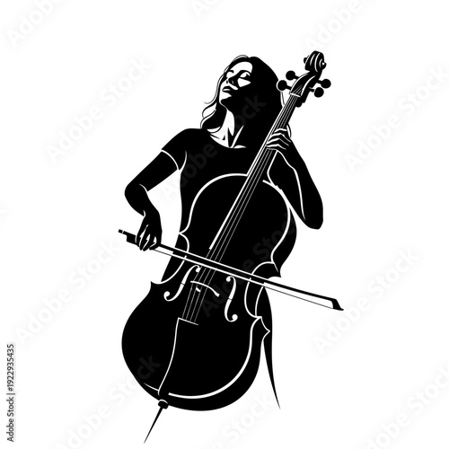 Passionate woman playing the cello with intense focus, performing classical music on an isolated white background.