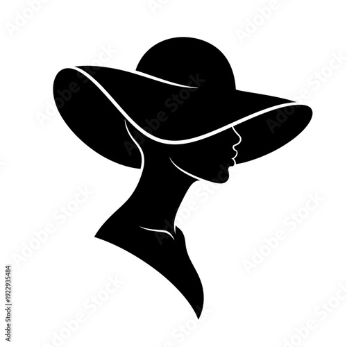 Elegant woman's profile silhouette wearing a wide-brimmed hat, conveying mystery and style on an isolated white background.