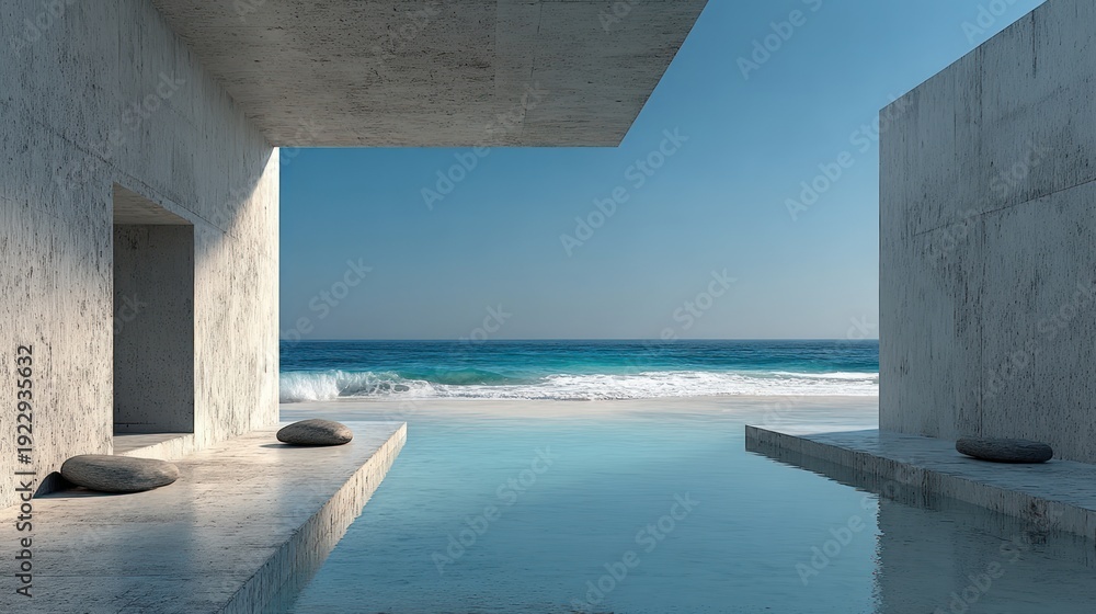Obraz premium Modern architectural structure overlooking the ocean, featuring a pool and concrete elements